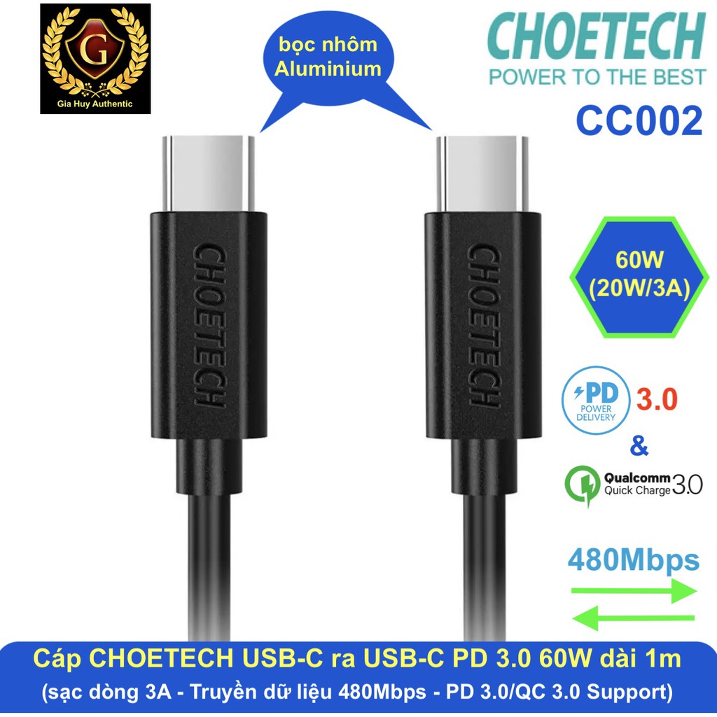 DÂY CÁP SẠC TYPE-C CHOETECH CC002