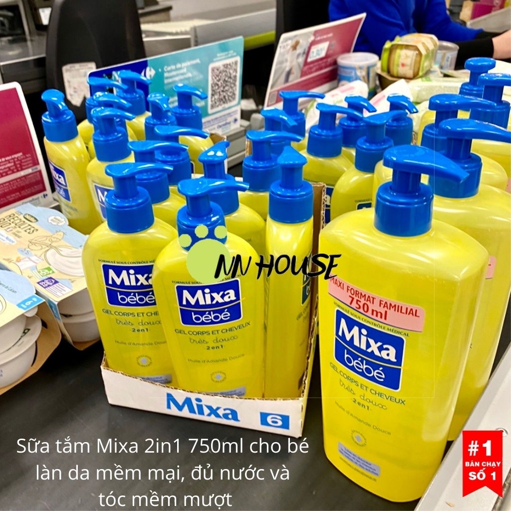 Sữa tắm gội cho bé sơ sinh Mixa Bebe 2in1 750ml, sữa tắm cho bé mềm da kiêm dầu gội mượt tóc an toàn cho bé, chăm sóc da