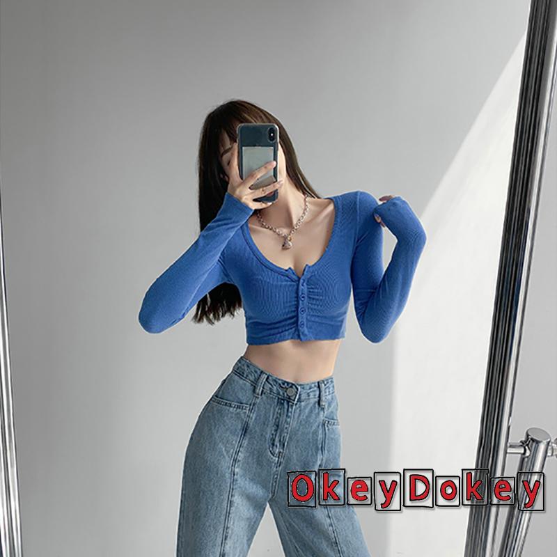 Áo Croptop Dệt Kim Tay Dài Cổ Chữ V Màu Trơn Cài Nút Cho Nữ