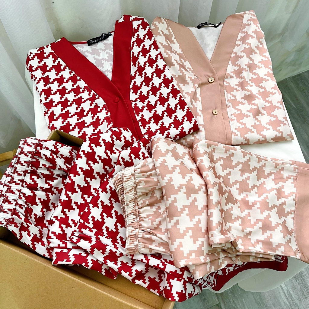 Bộ mặc nhà Pyjama chất lụa Tea Store áo dài quần dài họa tiết zigzag 4 màu cổ V | BigBuy360 - bigbuy360.vn