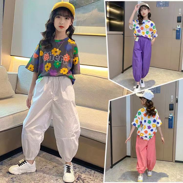 Set Áo Thun Ngắn Tay + Quần Ống Rộng Thời Trang Cho Bé Gái