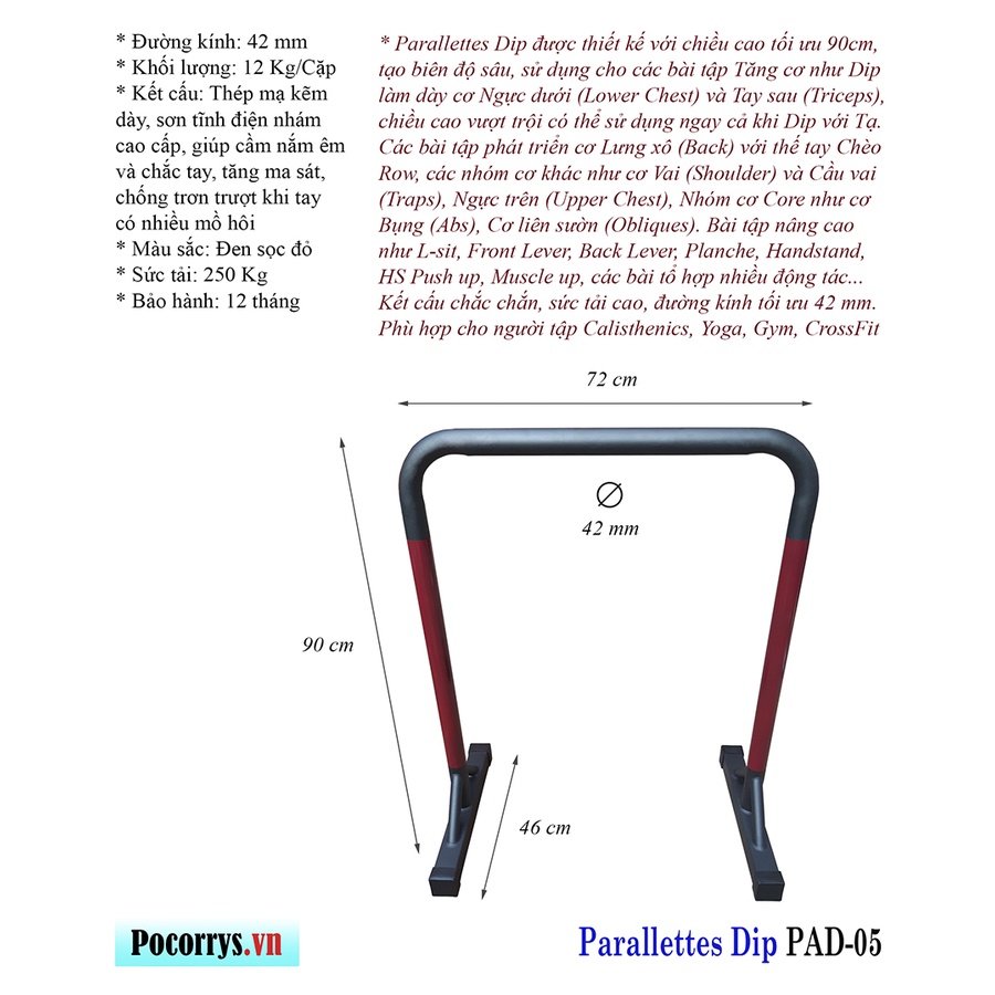 Combo 3 bộ Xà kép Parallettes, Dụng cụ chống đẩy Pocorrys 05, Màu đen đỏ