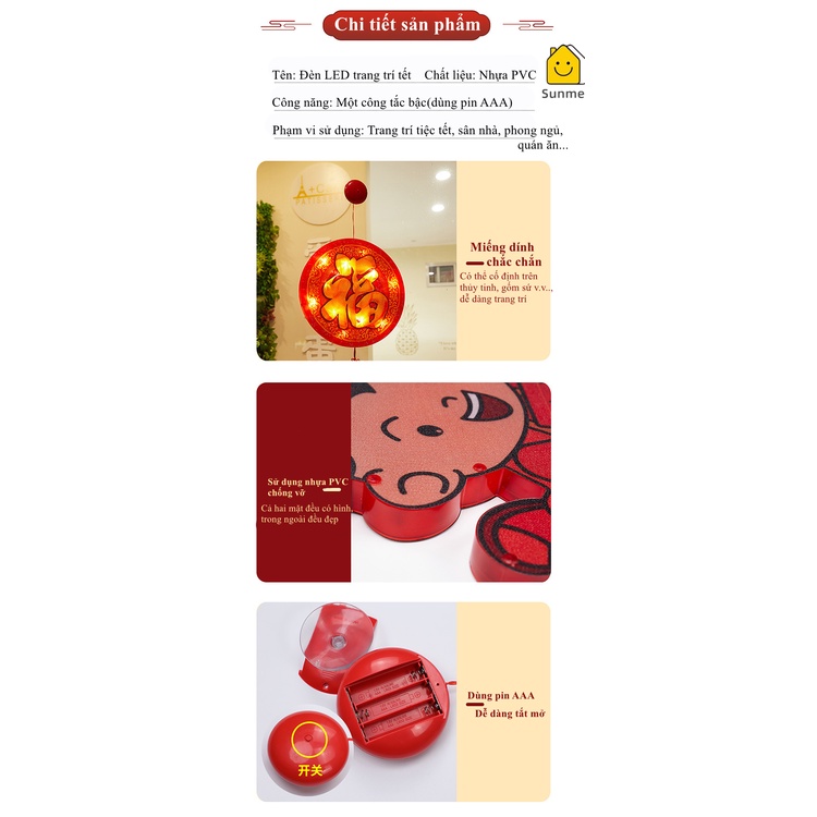 Đèn LED Lồng Đèn Trang Trí DECOR quà tặng Tết-Chữ Phúc Tiếng Trung Quốc Sử Dụng Pin Có Nút Hít Mặt Kính