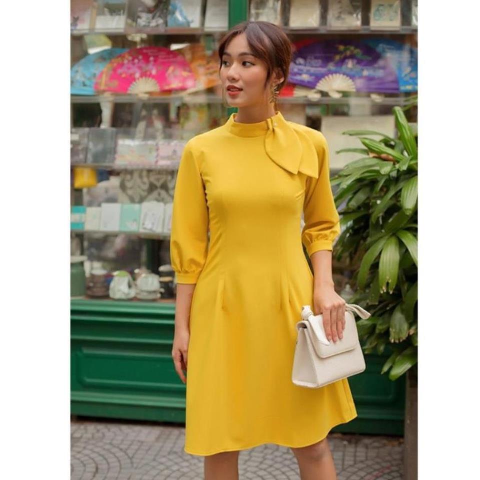 VIP Váy Nữ Thiết Kế CELORA, Đầm Công Sở Nữ Tà A Cổ Nơ Tay Lở Dún Vải Dãn Nhẹ Đi Làm Đi Chơi Đẹp Thời Trang