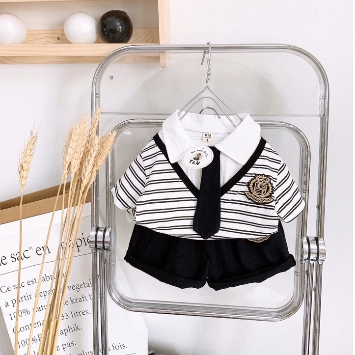 Đồ bộ bé trai, Set áo Polo thun cotton ngắn tay kẻ ngang cổ tim và quần đùi cạp chun cho bé từ 7 - 18 kg, SUN KID'S