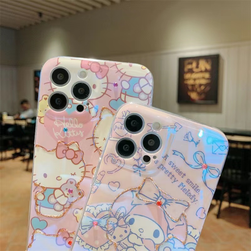 Ốp Điện Thoại Mềm Chống Rơi Họa Tiết Hello Kitty Đính Đá Blu-ray Cho iphone 13 12 11 Pro Max XR X XS XSMAX 7 8 plus 7G 8G