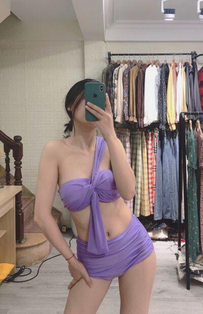 Bikini Áo tắm 2 mảnh nơ chéo vai lệch vai các màu nâng ngực sẵn gọng đệm (ảnh thật) - B02
