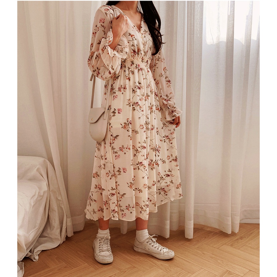 Váy hoa nhí babydoll thiết kế ulzzang body dáng dài cúc bọc , Đầm nữ vintage tay dài Hivano Fashion Week | BigBuy360 - bigbuy360.vn