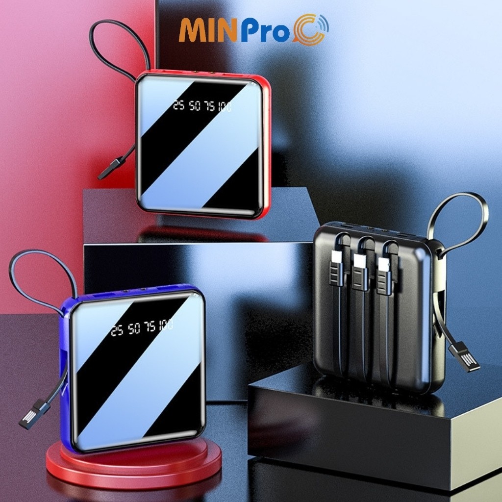 Pin sạc dự phòng 20000mAh mini, nhỏ gọn, tặng kèm dây cáp 3 đầu hình vuông - MINPRO