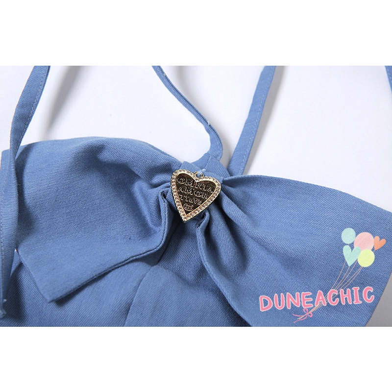 DUNEA Áo Tank Top Denim Cổ Chữ V Thắt Nơ Xinh Xắn Thời Trang Cho Nữ