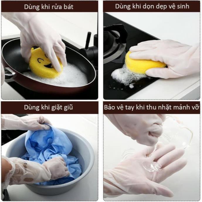 Găng Tay Cao Su Loại Dài Lót Nỉ Siêu Dai, Siêu Bền, Găng Tay Rửa Bát Có Bo Chun Chống Tuột