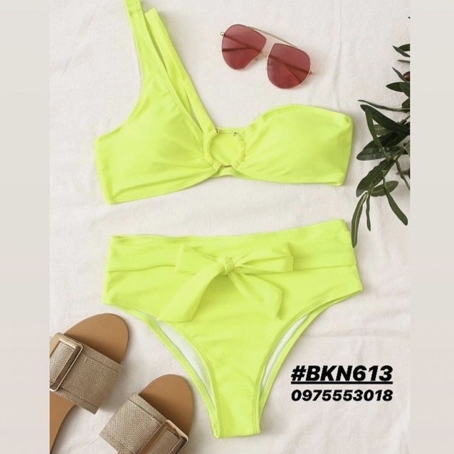 [BKN613] &lt;ÂU&gt; SET BIKINI LỆCH VAI KHUY NGỰC XANH NEON NƠ EO (CẠP CAO)