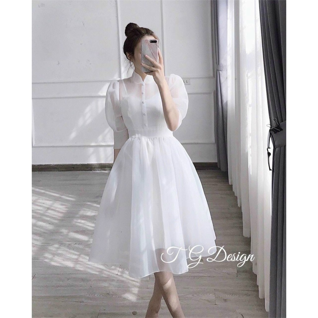 đầm xòe tay lỡ cổ cao phối nút bọc thắt nơ lưng chất tơ hai lớp xinh lung linh LYN085