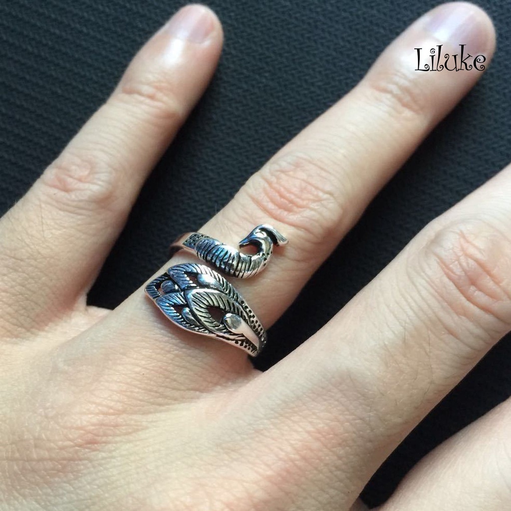 Nhẫn Hợp Kim Màu Bạc Trang Trí Hình Chim Công Có Thể Điều Chỉnh Kích Cỡ