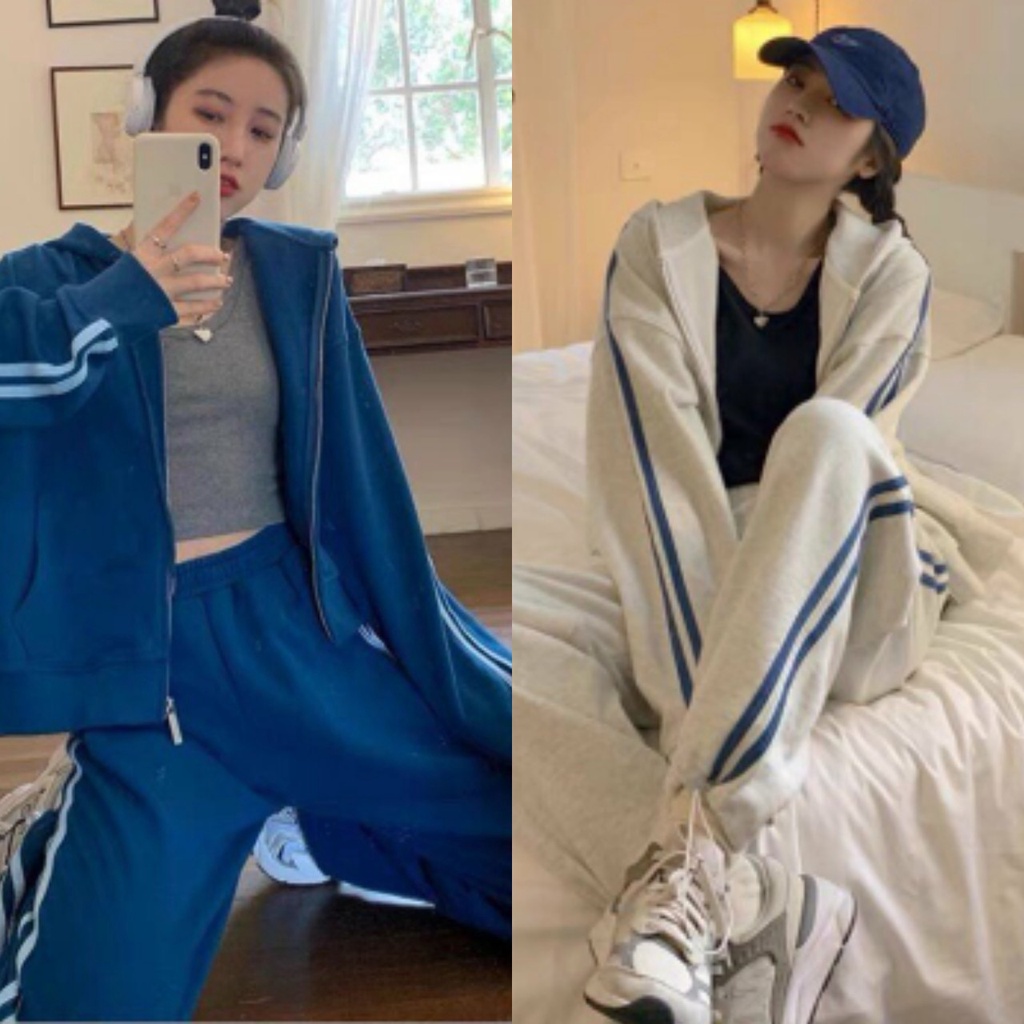 Bộ Nỉ Unisex Nam Nữ Dài Tay Thể Thao Chạy Sọc dưới 65kg X089,chất cực đẹp