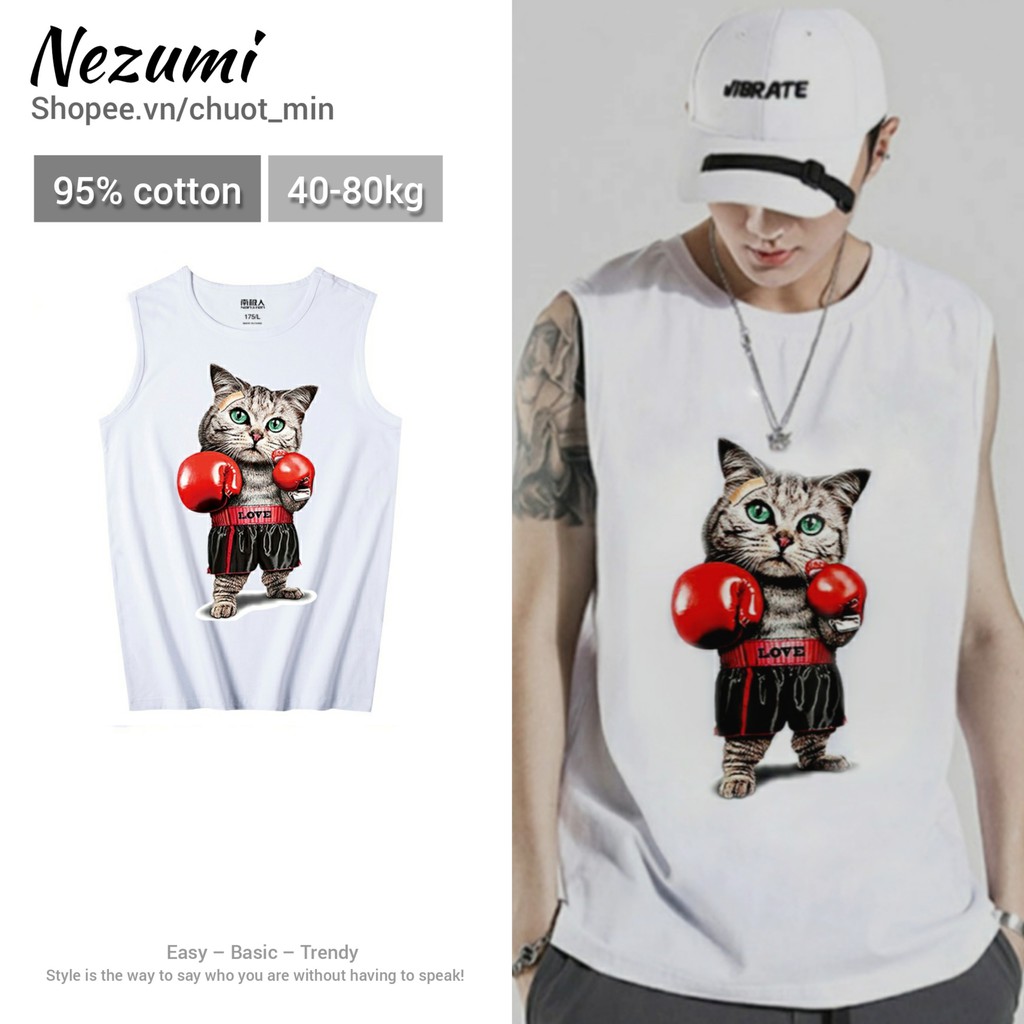 (Sẵn đen, trắng XL) Áo tank top 95% cotton unisex nam nữ mèo đấm bốc - Áo ba lỗ tập gym, chạy bộ