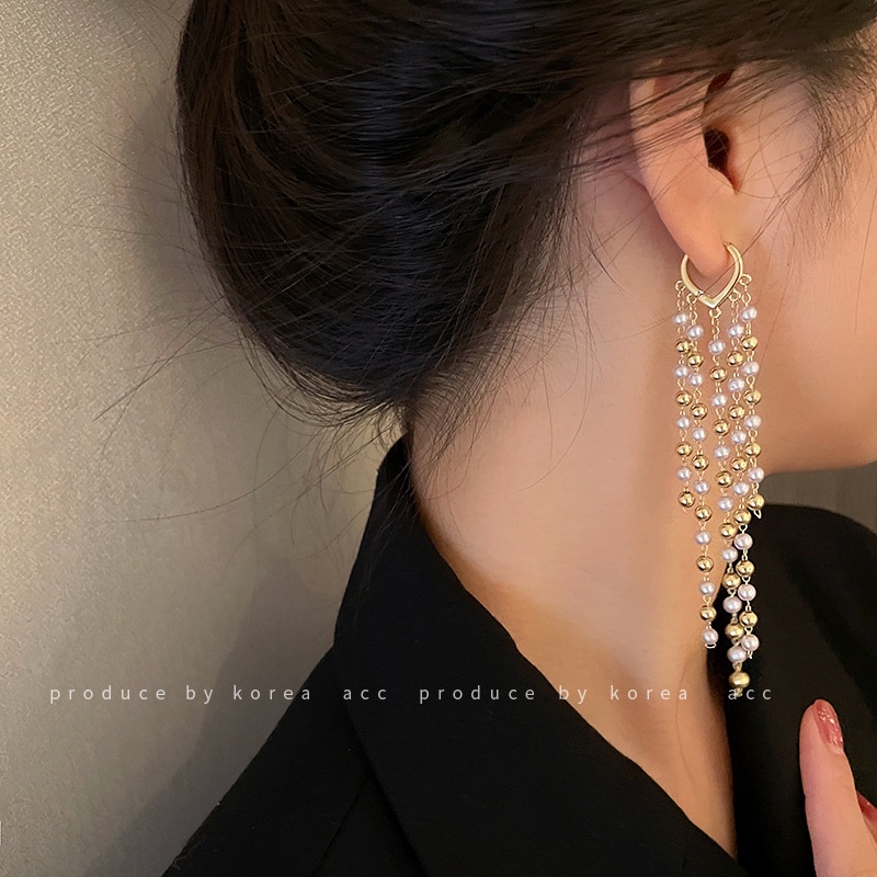 Bông Tai Tua Rua Dài Đính Ngọc Trai Thời Trang Cho Nữ