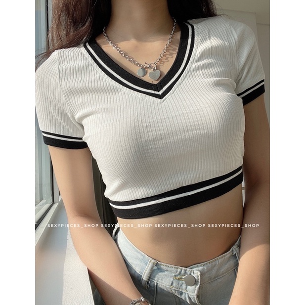 [ẢNH THẬT 100%]Áo croptop thun gân cổ tim viền đen siêu dễ mix đồ- Hàng có sẵn | BigBuy360 - bigbuy360.vn