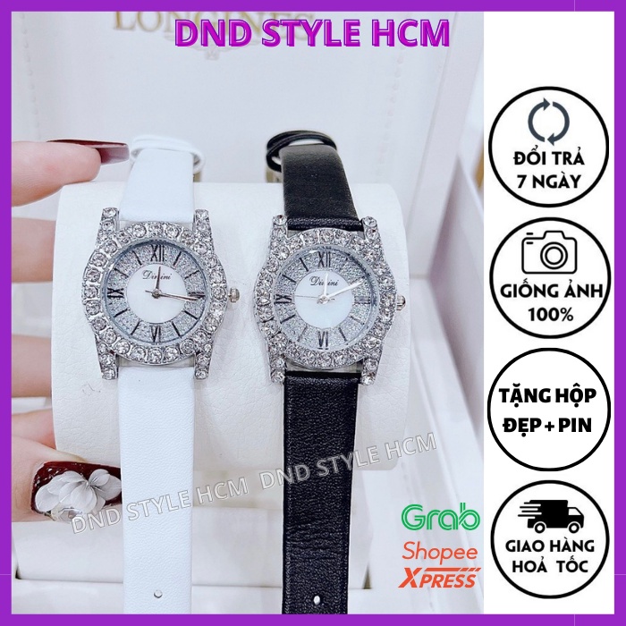 Đồng hồ nữ dây da cao cấp KDimi, đồng hồ nữ đẹp đính đá full viền sáng tay sang trọng nhẹ nhàng cực xinh - DNDStyle
