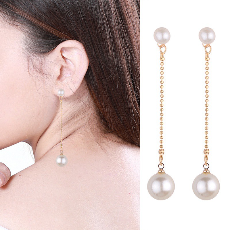 Bông tai dài đính ngọc trai giả thanh lịch