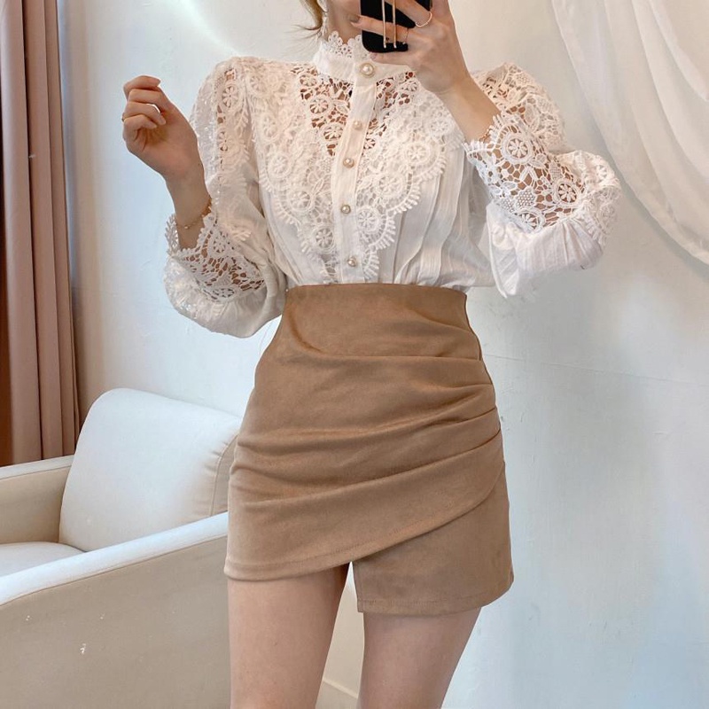 Áo sơ mi IELGY cổ đứng tay dài vải ren dáng rộng phong cách Pháp thời trang sang trọng cho nữ