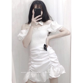 Set áo nhún kèm cổ sơ mi và chân váy dun đuôi cá