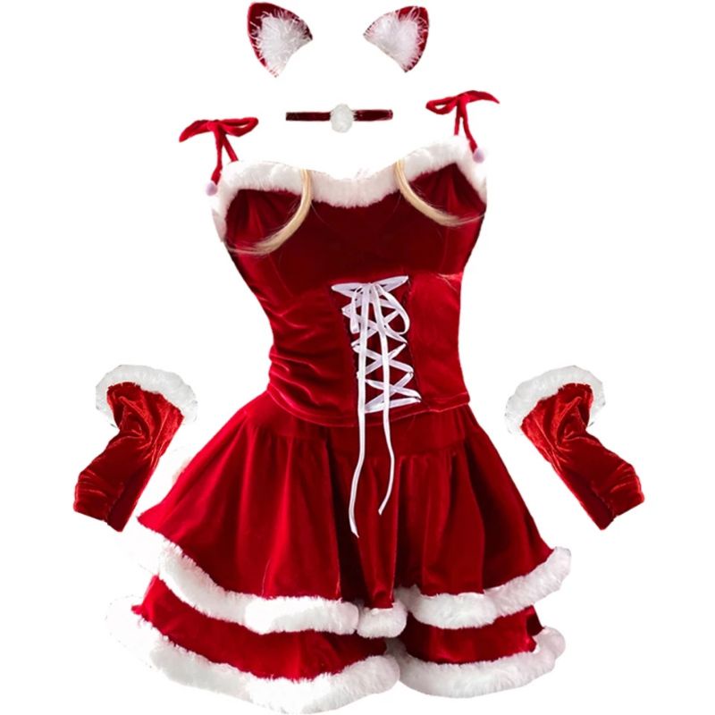 N12 váy noel đầm giáng sinh cosplay mèo nhưng đỏ kèm găng