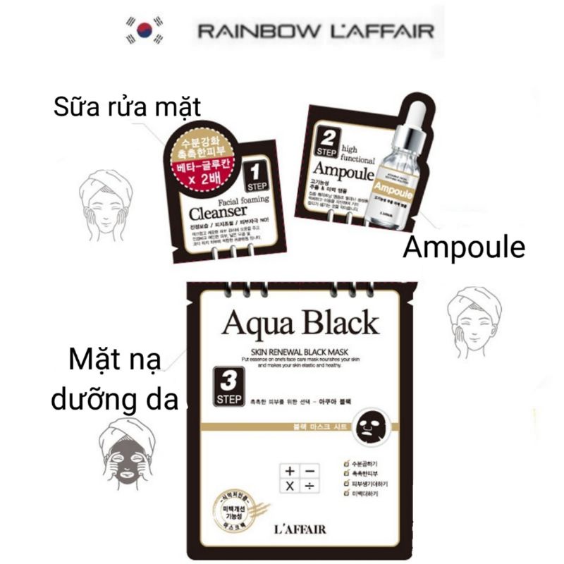 Combo sữa rửa mặt, ampoule, mặt nạ kiềm dầu, dưỡng trắng Rainbow L'affair Aqua Black 28ml