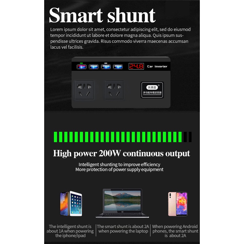 Tẩu Sạc Nhanh 200W DC12V/24V Sang 220V Bộ chuyển điện QC3.0 USB*4+Socket*2 Chuyên Dụng Cho Xe Hơi/Xe Tải/Xe Tải