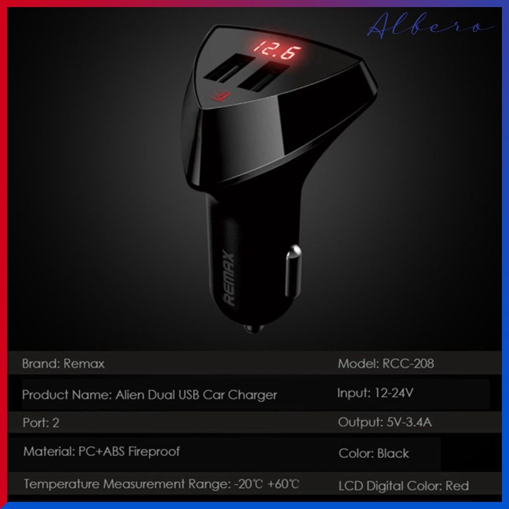 Tẩu sạc Cao cấp Remax Aliens Thông Minh, 2 cổng USB, dòng ra Max 3.4A, có đèn LED báo điện áp [VN]
