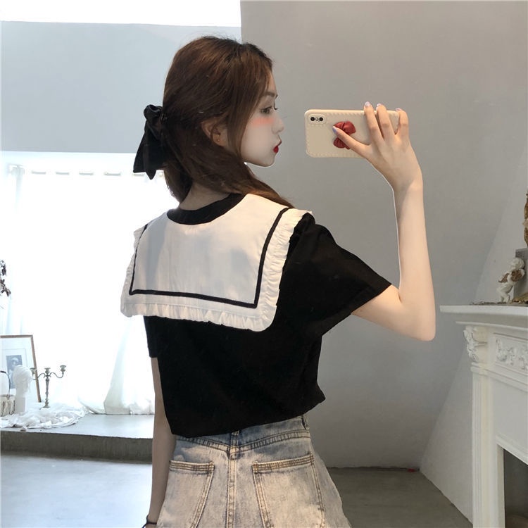 Áo thun tay ngắn cổ búp bê phong cách Hàn Quốc