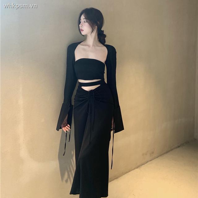 Đầm Ôm Màu Đen Lưng Cao Phối Dây Rút Phong Cách Pháp Thời Trang Mùa Thu Cho Nữ