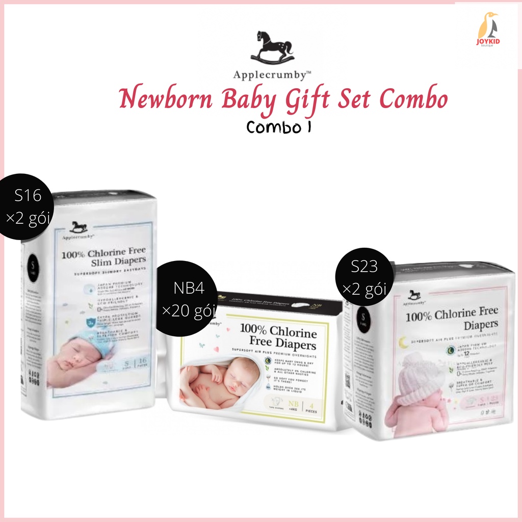 Combo tã/bỉm dán đêm Applecrumby Supersoft Air Plus Premium Overnights Tape Diapers newborn sơ sinh NB4