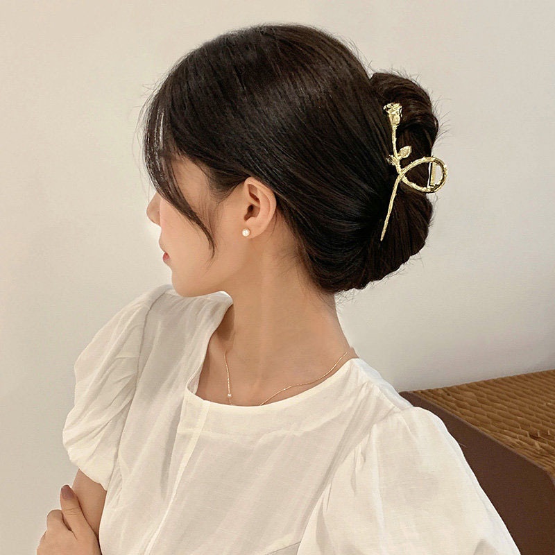 Kẹp Tóc Càng Cua Kim Loại Hàn Quốc Cành Hoa Hồng Vàng Siêu Xinh Mainia Shop