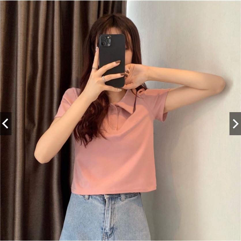 Áo croptop tay ngắn Polo cổ bẻ phông trơn thời trang cho nữ phong cách Hàn