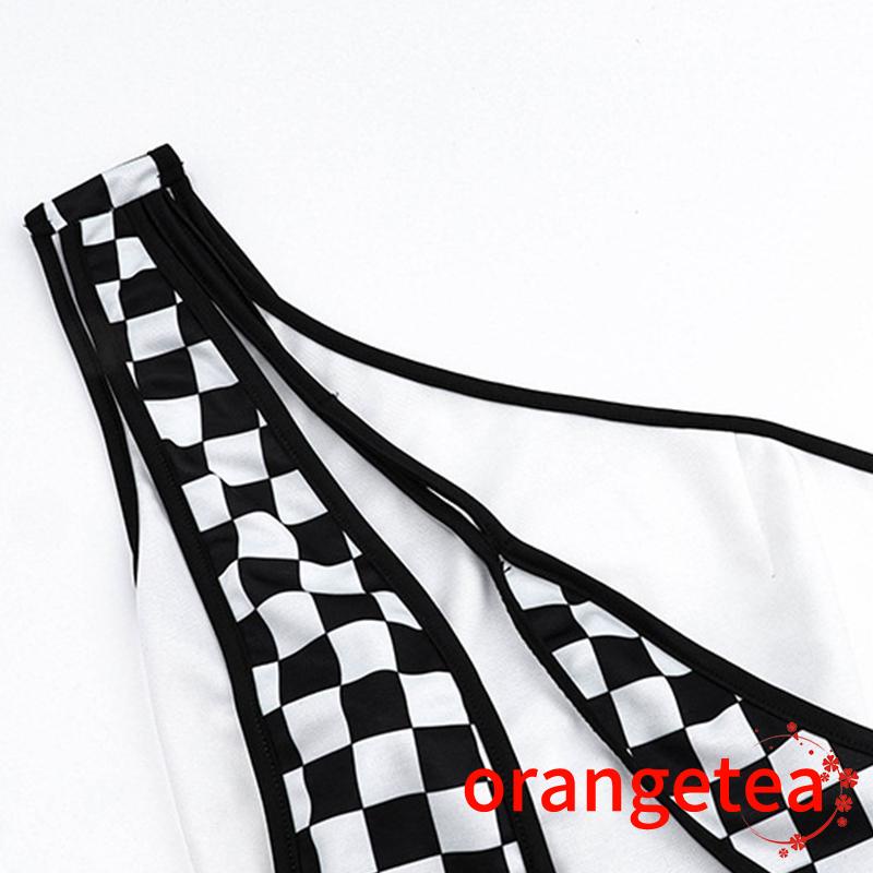 Ort-áo Tank Top Hai Dây Thắt Nút Sau Lưng In Caro Mùa Hè Cho Nữ