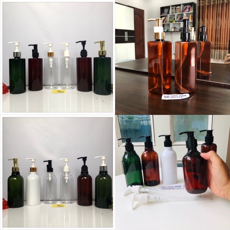 Bình Nhựa 300ml Vòi bump - Chai nhựa Nâu/ Trong suốt/ Xanh / trắng Vòi nhấn giọt giọt xà bông Xi vàng/ Xi bạc