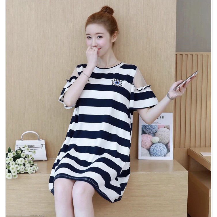 ĐẦM SUÔNG SỌC HỞ VAI PHỐI LƯỚI | BigBuy360 - bigbuy360.vn