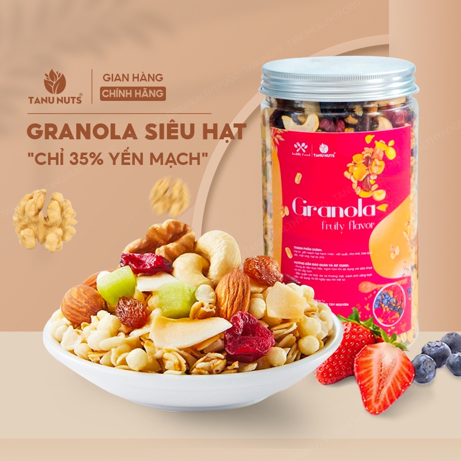 Granola siêu hạt TANU NUST 35% yến mạch, ngũ cốc granola ăn kiêng dinh dưỡng giảm cân gym yoga hũ 500g
