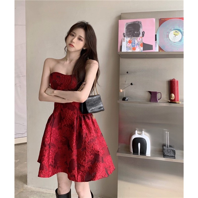 Đầm gấm đỏ LUCIL DRESS sang trọng hàng chuẩn Quảng Châu