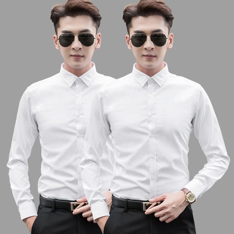 【Non-iron shirt】Men Formal Button Smart Casual Plus Size Long Sleeve Slim Fit Men's long sleeve shirt spring and autumn thin Korean slim solid color no iron shirt men's business Korean large white inch shirt