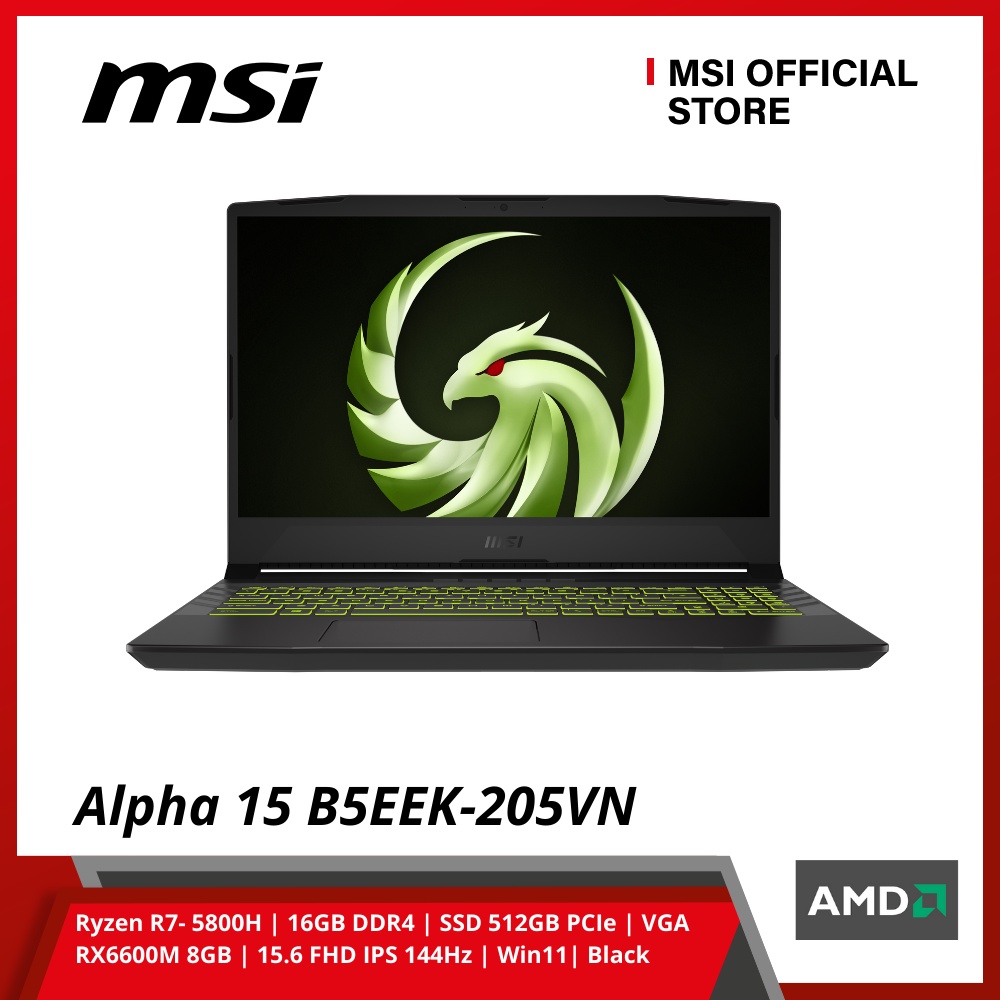 Laptop MSI Gaming Alpha 15 B5EEK-205VN (RyzenR7- 5800H/16GB DDR4/SSD 512GB PCleVGA RX6600M 8GB/15.6 FHD IPS14 W11 BLA