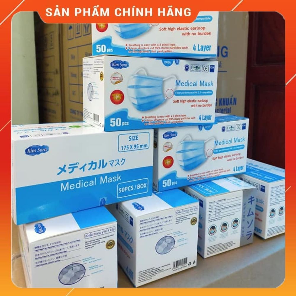 Khẩu trang y tế 4 lớp kháng khuẩn, Hộp 50 cái khẩu trang y tế, xuất Nhật, hàng công ty KimSora sản xuất theo tiêu chuẩn