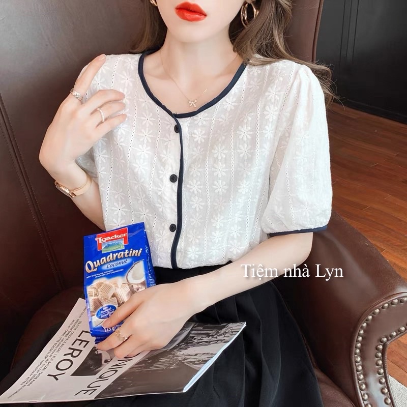 Áo sơ mi cộc tay nữ in hoạ tiết/Áo sơmi kiểu bo chun ống tay