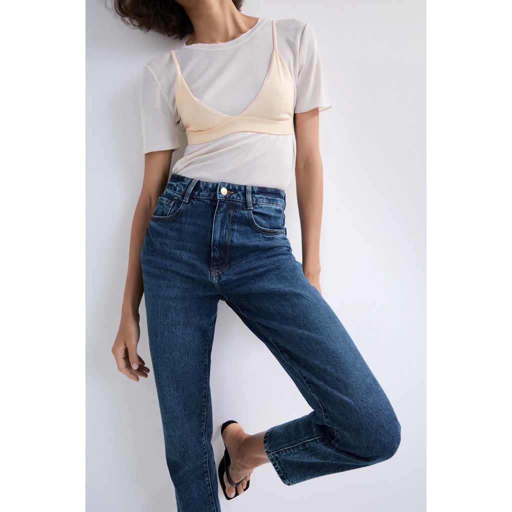 Quần Mom Jeans Nữ Lưng Cao Màu Xanh Đậm Wash Râu Mèo M-03D