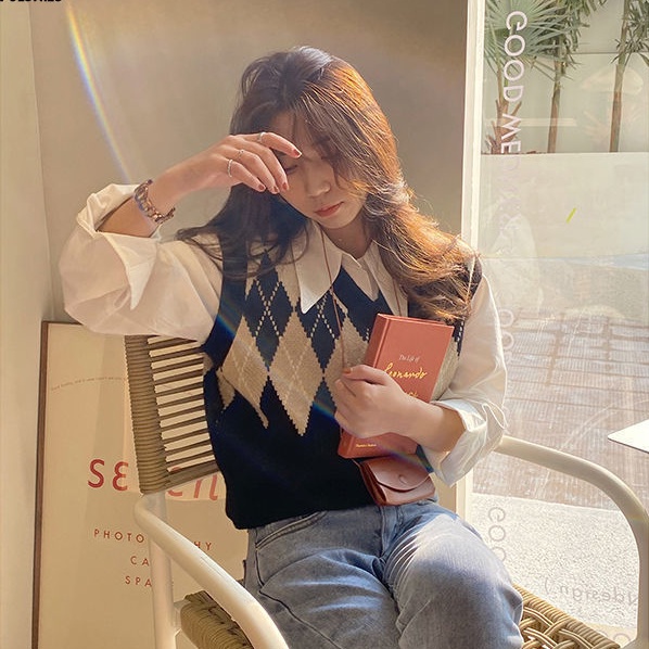 Áo dệt kim sát nách cổ chữ v thiết kế mới thời trang theo phong cách vintage