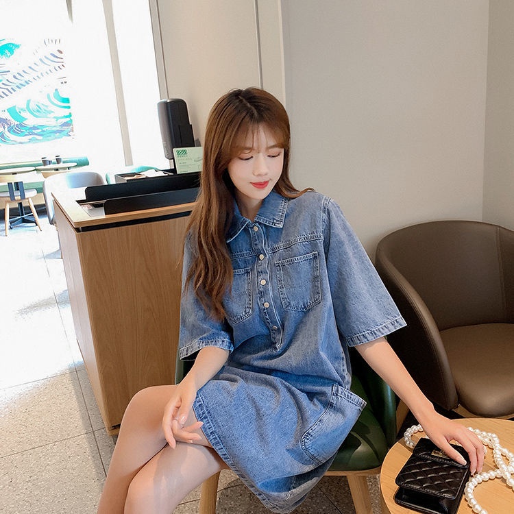Đầm Denim Mỏng Dáng Rộng Phong Cách Hàn Quốc Cổ Điển Thời Trang Mùa Hè Hàng Mới 2023
