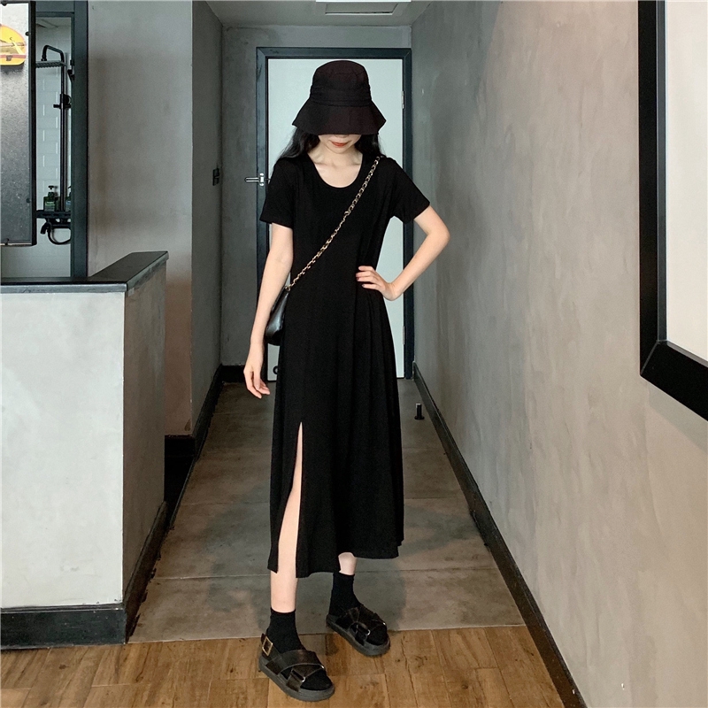 Đầm Thun Màu Trơn Thiết Kế Xẻ Tà Phong Cách Hàn Quốc Cho Nữ