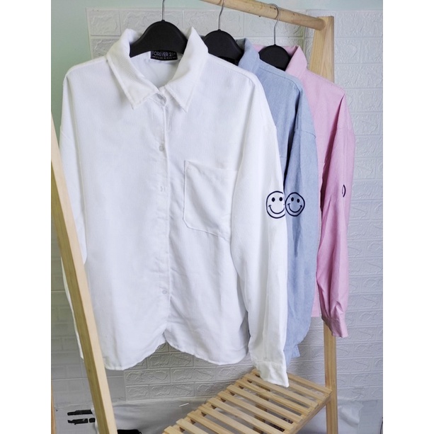 Áo Khoác Sơ Mi Nhung Tay In Mặt Cười Túi Trước Form Rộng Đẹp - Shop3nunisex