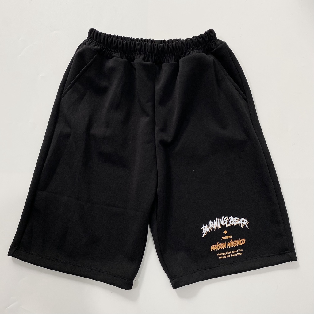 QUẦN SHORT MIKENCO BURNING BEAR BLACK Nam Nữ, chất thun Poly 2 da, đùi thể thao, cộc ngắn form rộng unisex